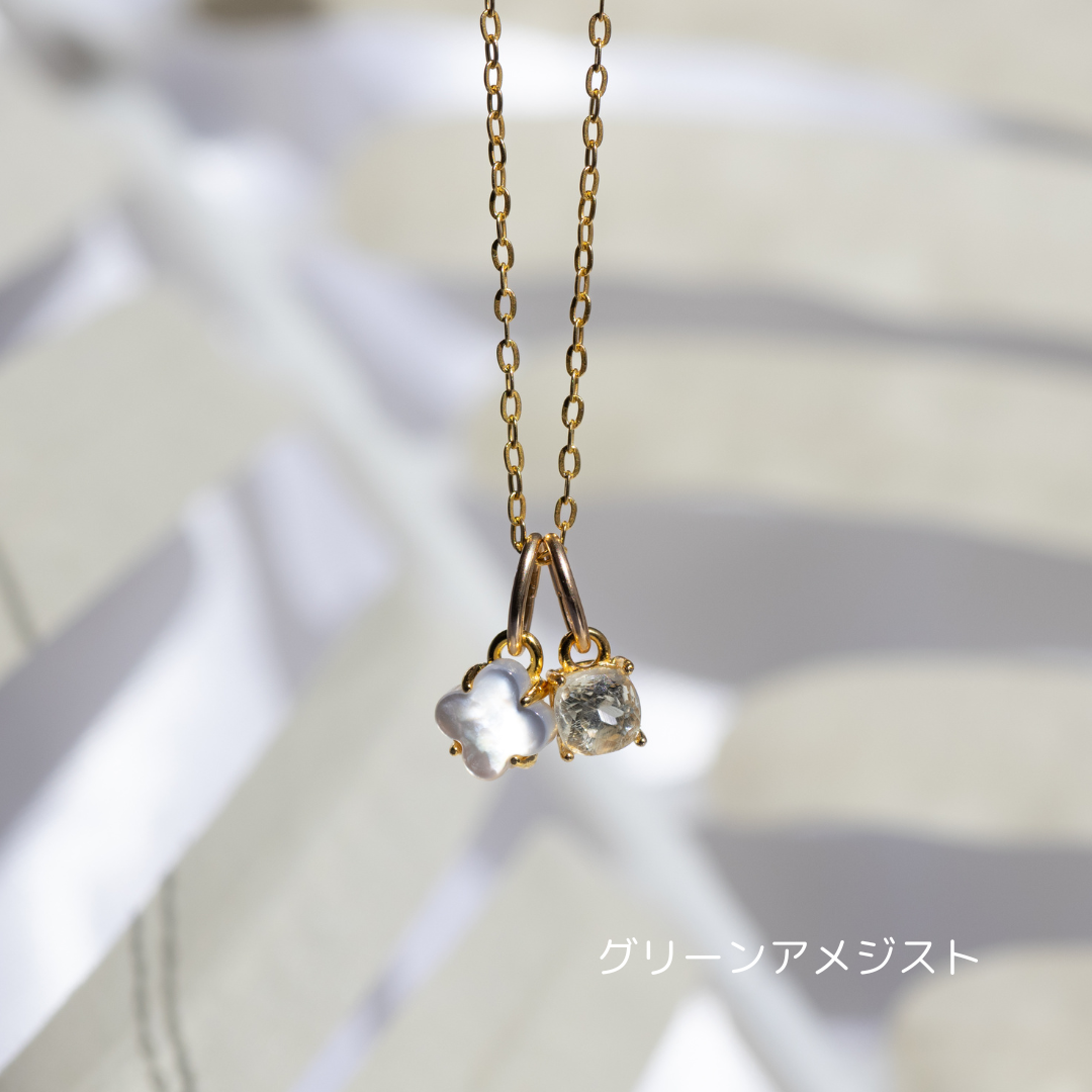 【3Way】ホワイトシェルフラワー×天然石チャームネックレス（Silver925 18kgp）