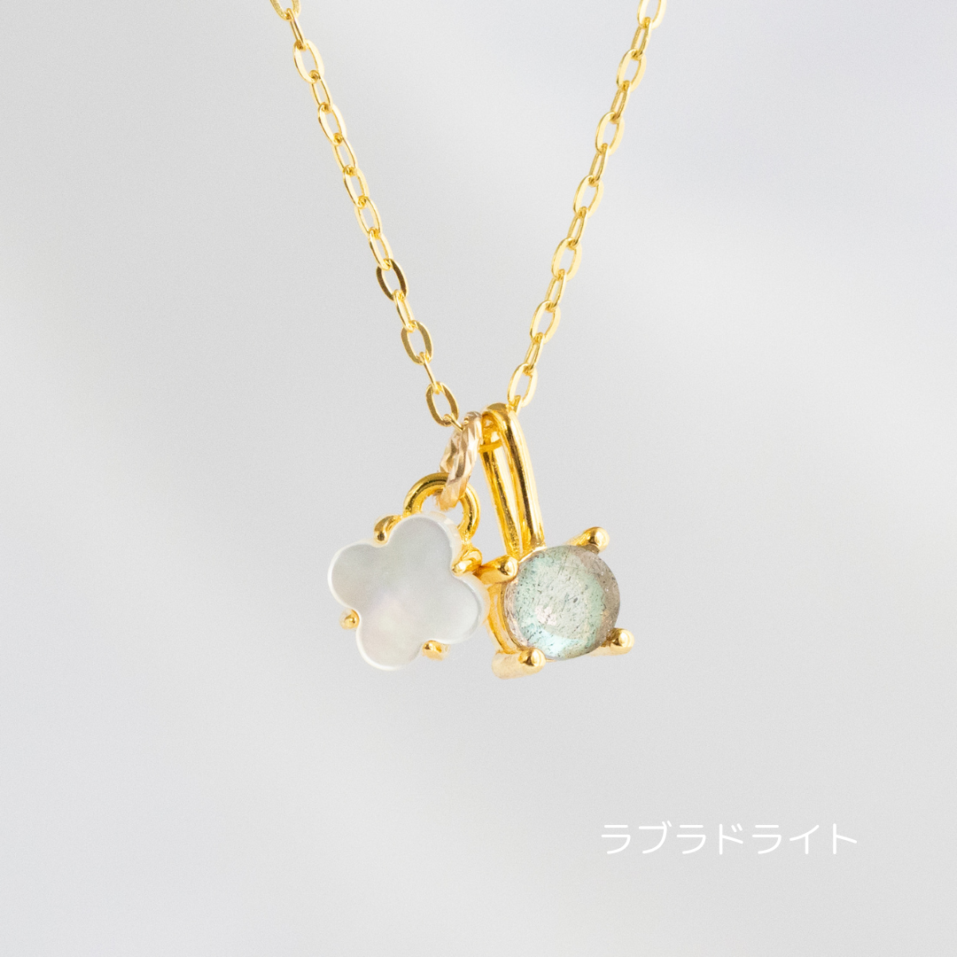 【6colors】ホワイトシェルフラワー×天然石チャーム 2wayネックレス（Silver925 18Kgp／ロジウム）