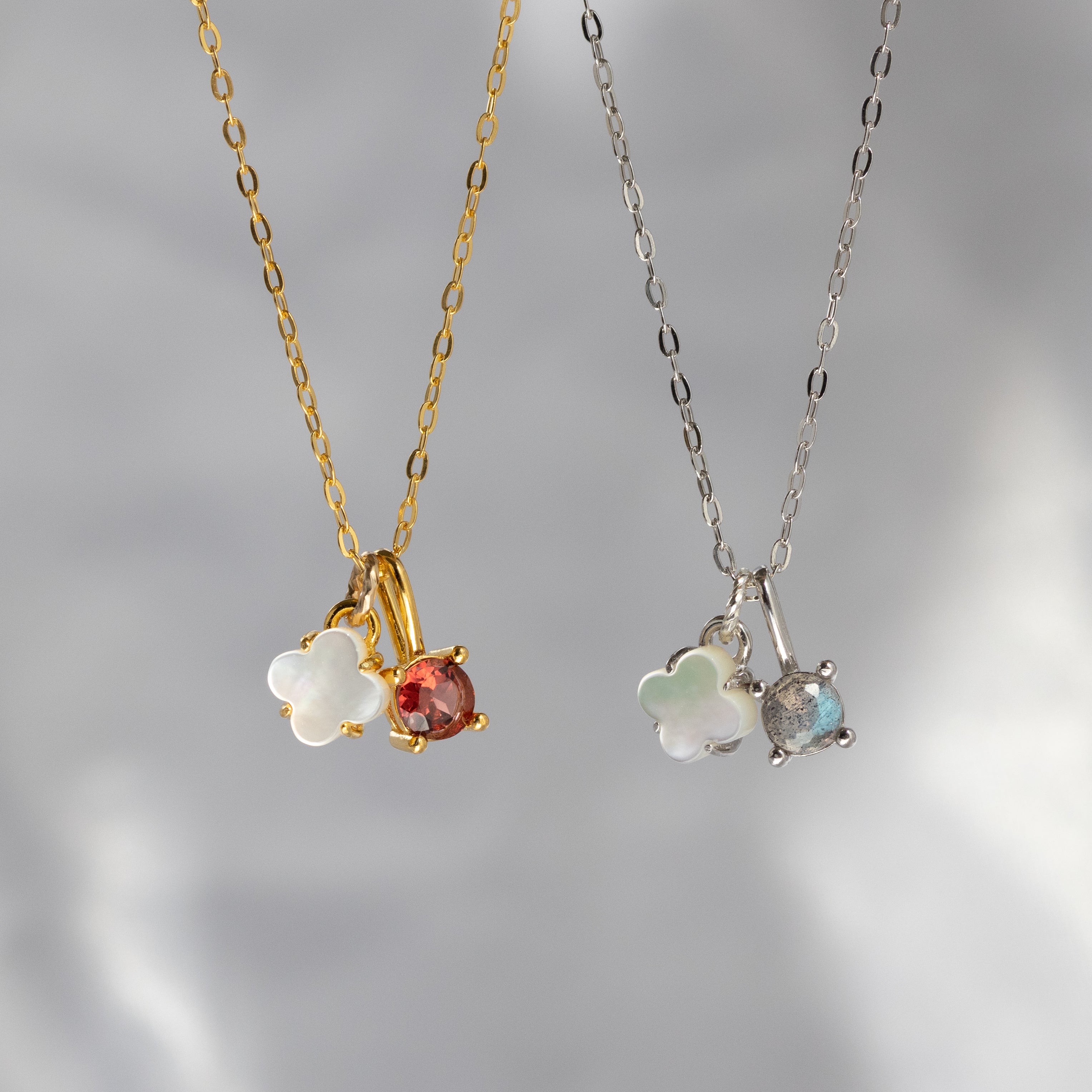 6colors】ホワイトシェルフラワー×天然石チャーム 2wayネックレス
