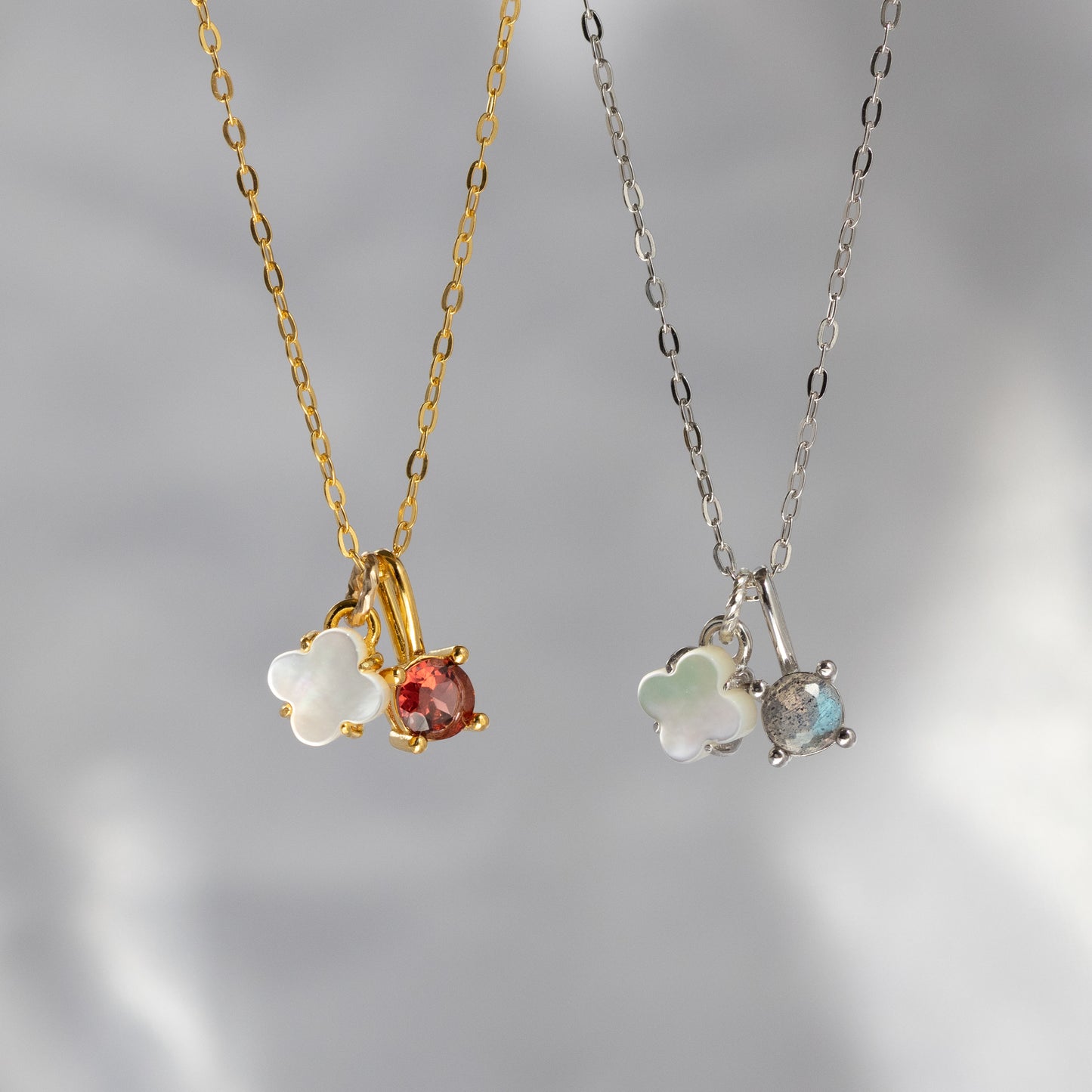 【6colors】ホワイトシェルフラワー×天然石チャーム 2wayネックレス（Silver925 18Kgp／ロジウム）