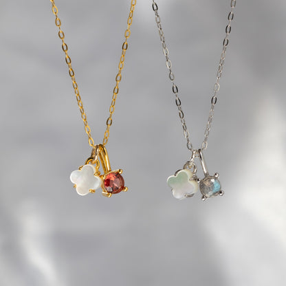 【6colors】ホワイトシェルフラワー×天然石チャーム 2wayネックレス（Silver925 18Kgp／ロジウム）