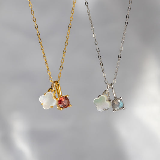 【6colors】ホワイトシェルフラワー×天然石チャーム 2wayネックレス（Silver925 18Kgp／ロジウム）